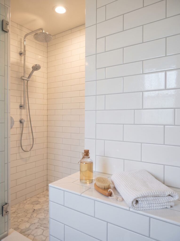 Finished white subway tile shower wall with even grey grout lines, a small glass bottle and a wooden brush on the bench