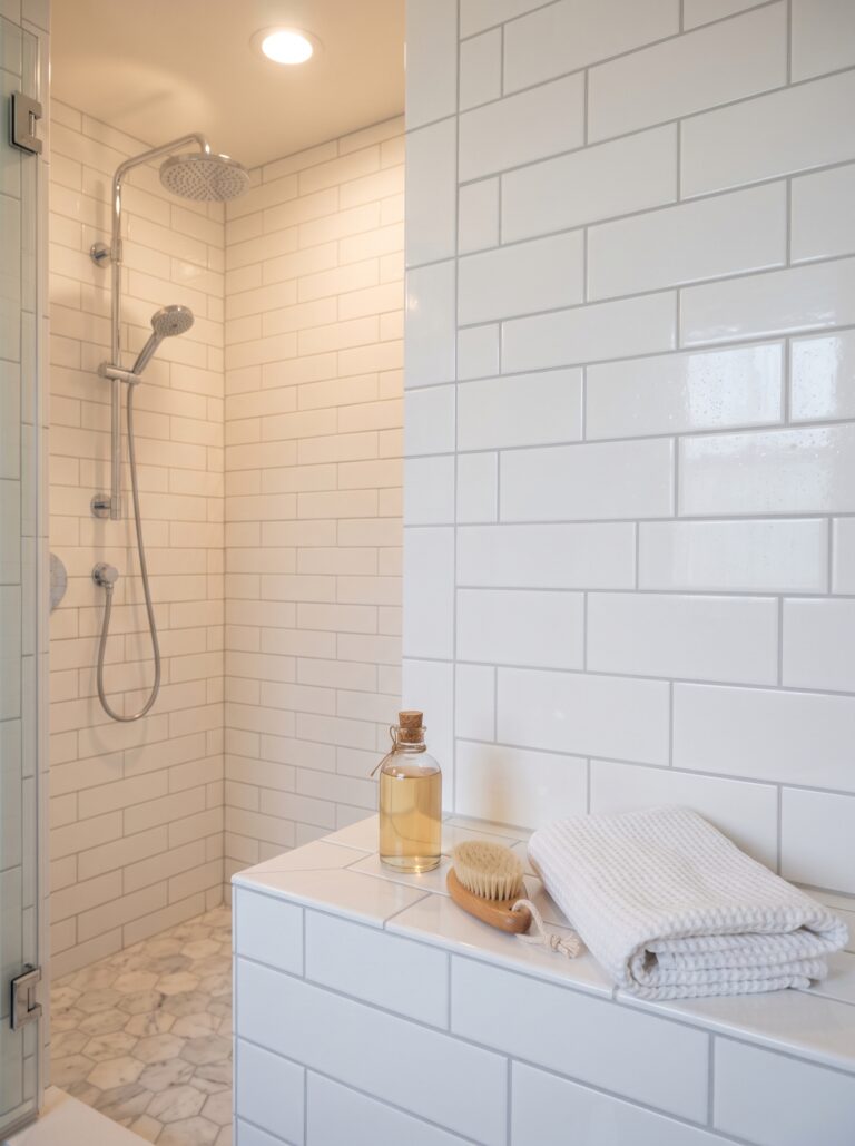 Finished white subway tile shower wall with even grey grout lines, a small glass bottle and a wooden brush on the bench