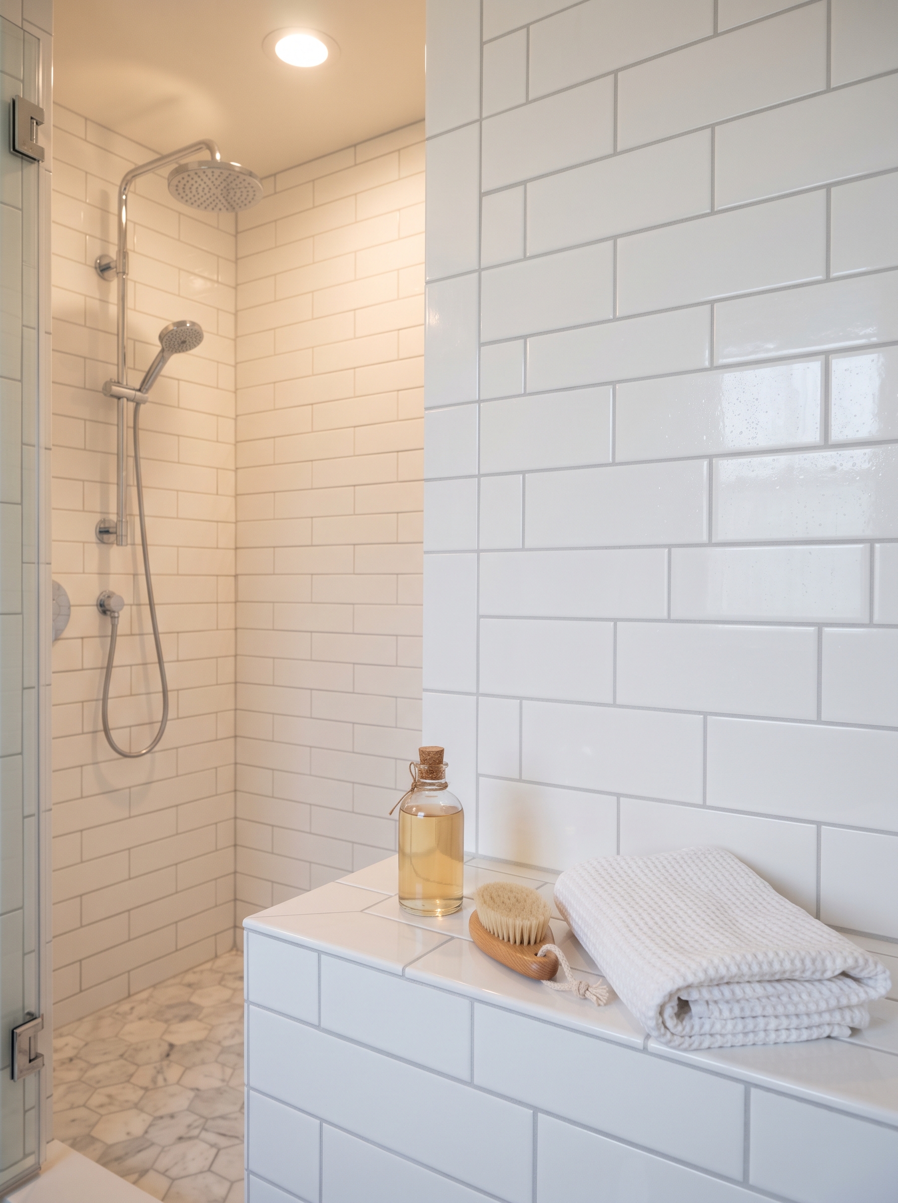 Finished white subway tile shower wall with even grey grout lines, a small glass bottle and a wooden brush on the bench