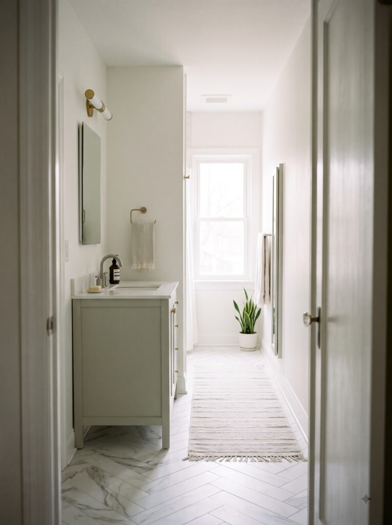 marble-look porcelain herringbone floor pointing down a long narrow bathroom toward a window