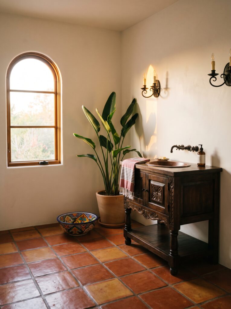 rust and honey terracotta tile floor in a Spanish-style bathroom with a carved dark wood vanity