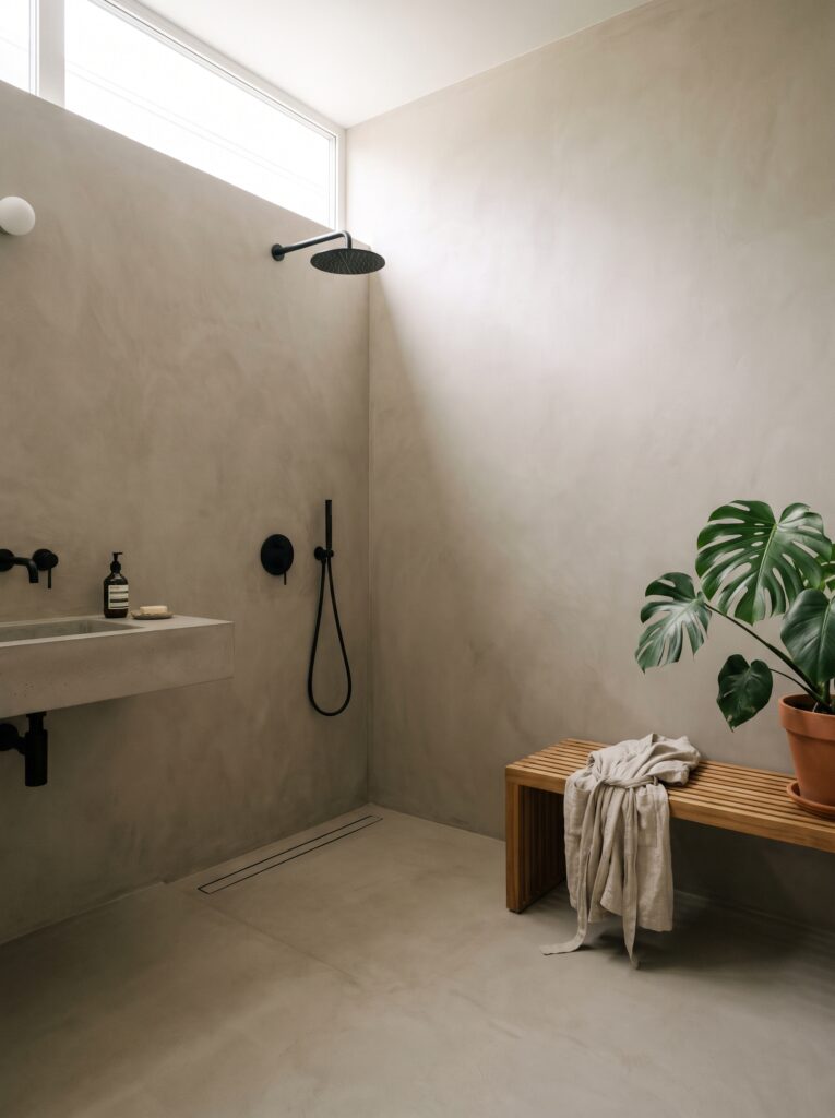 warm greige microcement wet room floor sloping to a linear drain beside a slatted teak bench