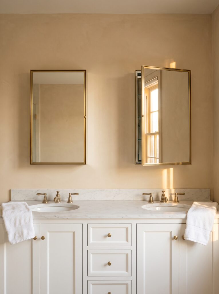 Two brass-framed mirror cabinets side by side above a double white vanity with a marble top, one door open