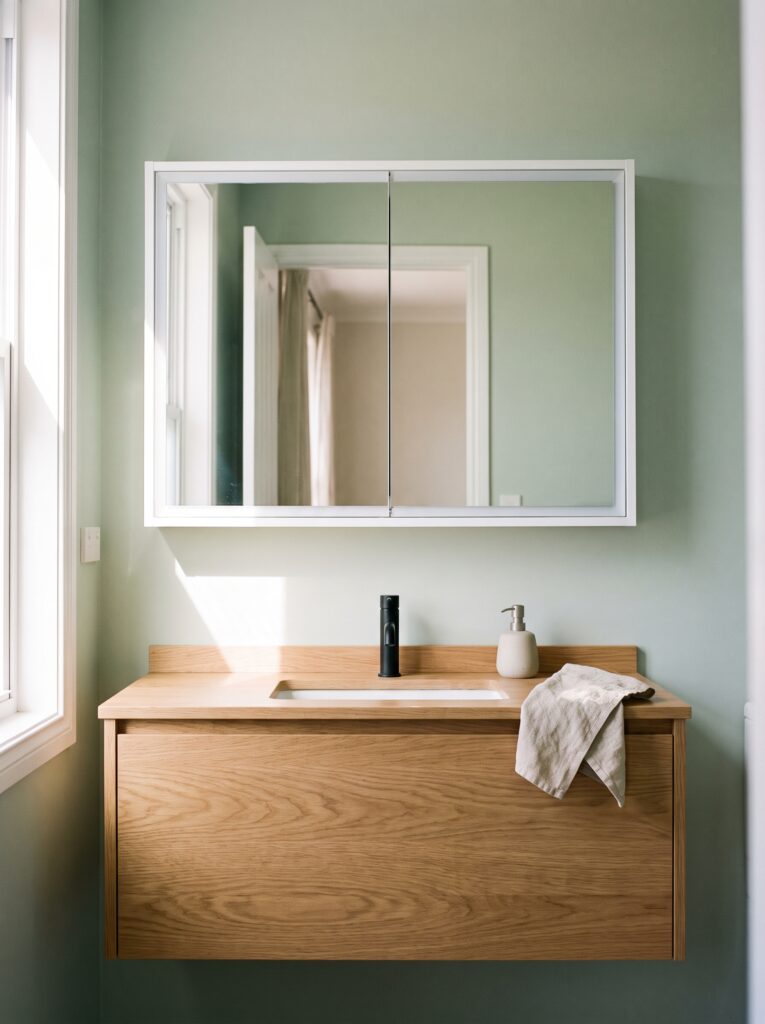 A white-framed mirror cabinet centered over an oak vanity with an undermount sink and black tap on a sage green wall