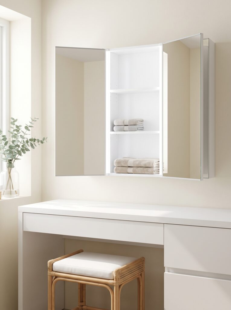 A three-door mirror cabinet with side doors open to show a white interior with folded towels above a white dressing vanity and a cane stool