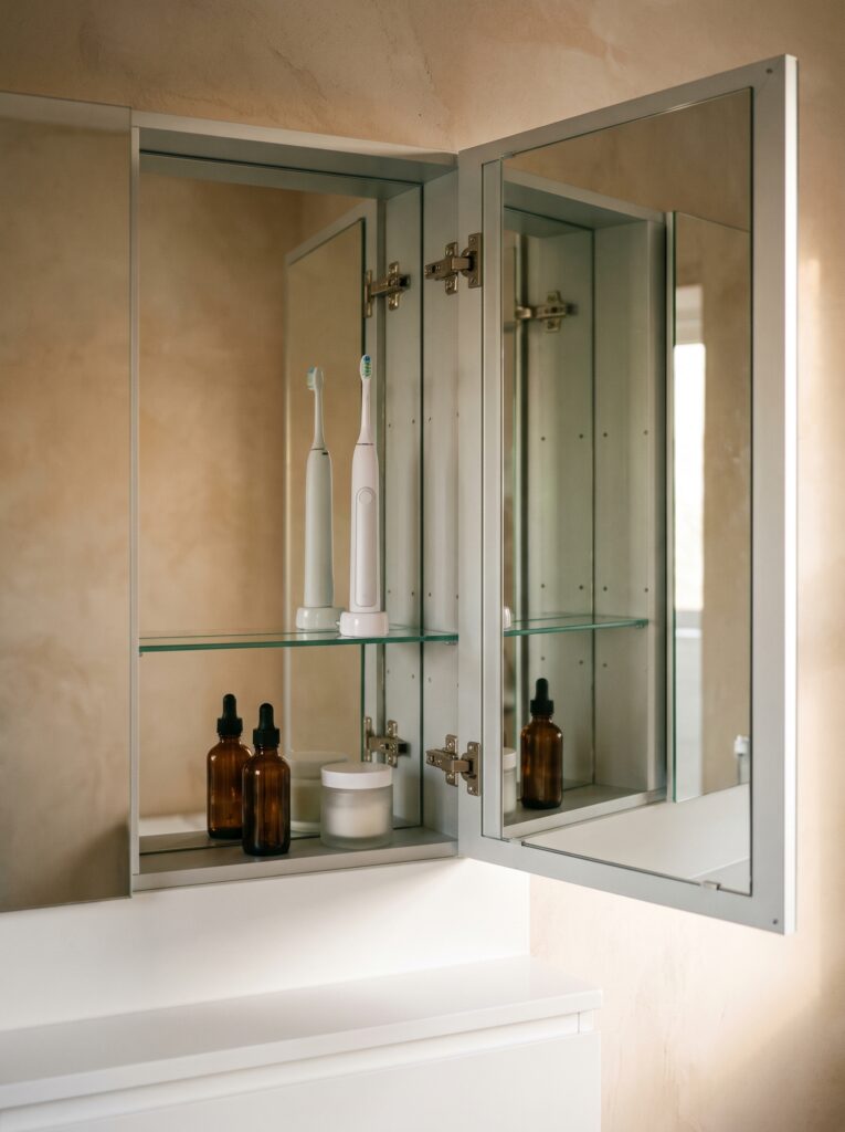 A mirror cabinet with the door open, showing mirror-lined shelves, an electric toothbrush on a charging base and amber dropper bottles
