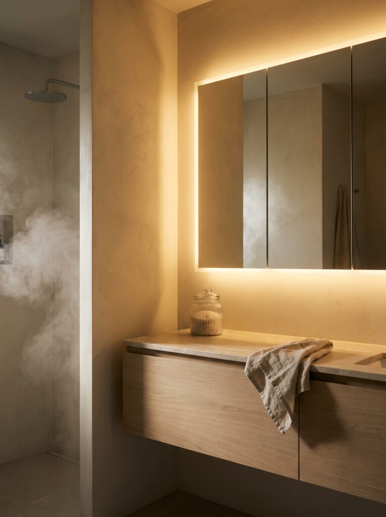 A lit three-panel mirror cabinet with a warm glowing edge beside a steamy shower above a floating oak vanity