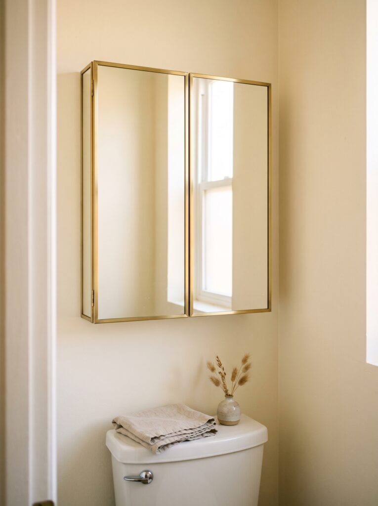 A brass-framed two-door mirror cabinet above a white toilet in a cream powder room, reflecting a window
