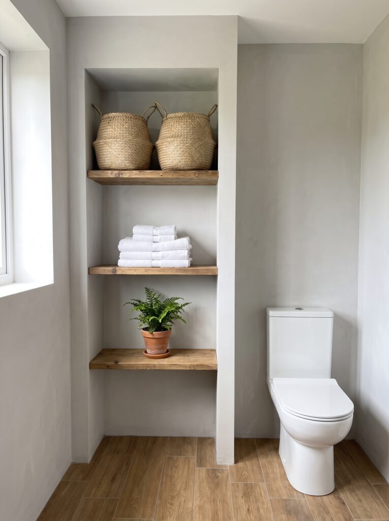 A floor-to-ceiling alcove beside a toilet with three timber shelves holding woven baskets, folded white towels and a fern