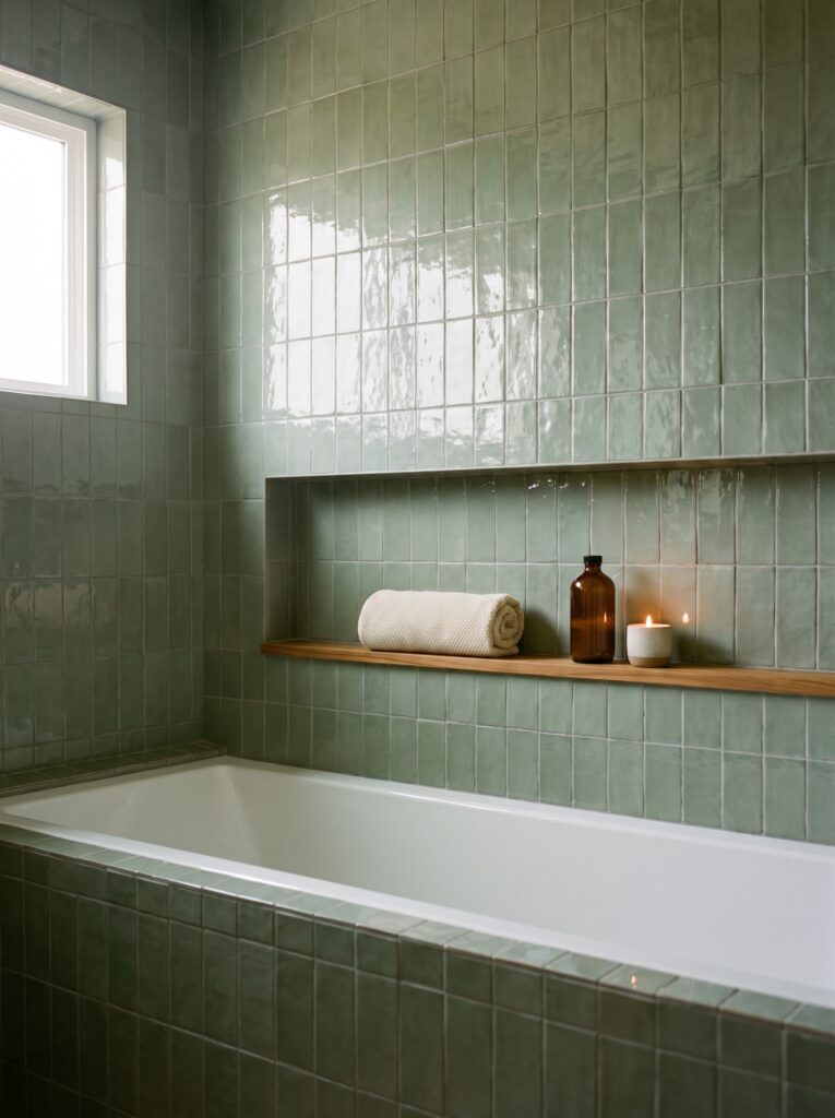 A long niche in sage green tile along the back wall of an alcove tub, with a teak shelf holding a rolled towel, an amber bottle and a candle