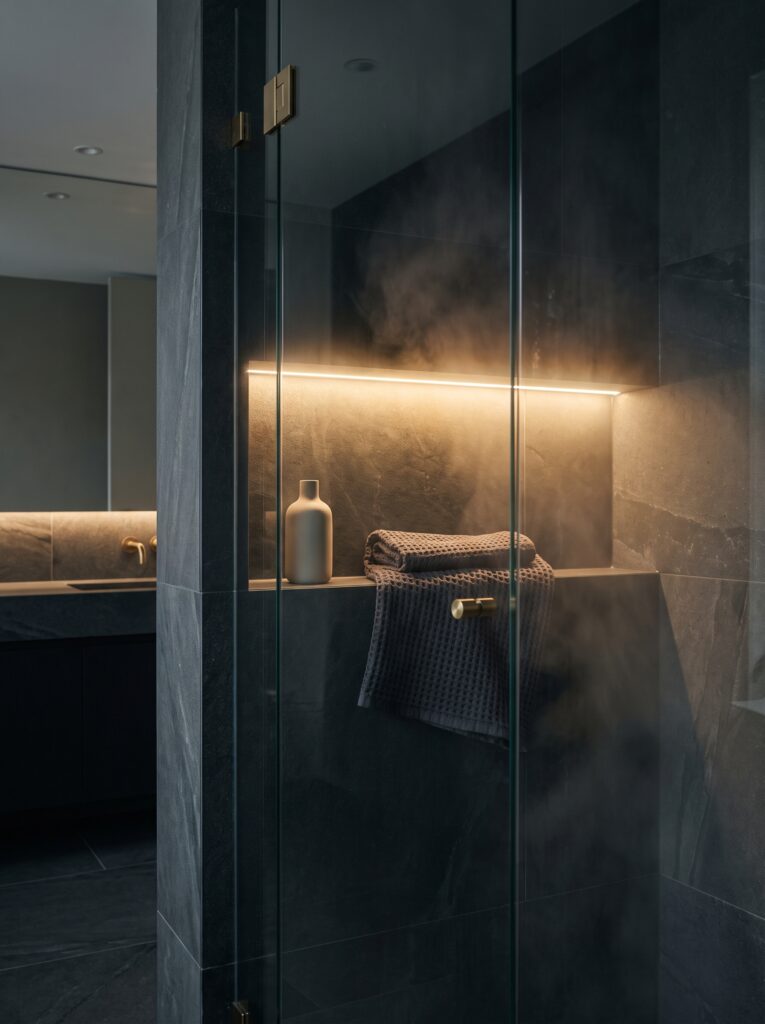 A shower niche lit from inside by a warm glow strip along its top edge in a dark stone-look wall, holding a ceramic bottle and a folded towel