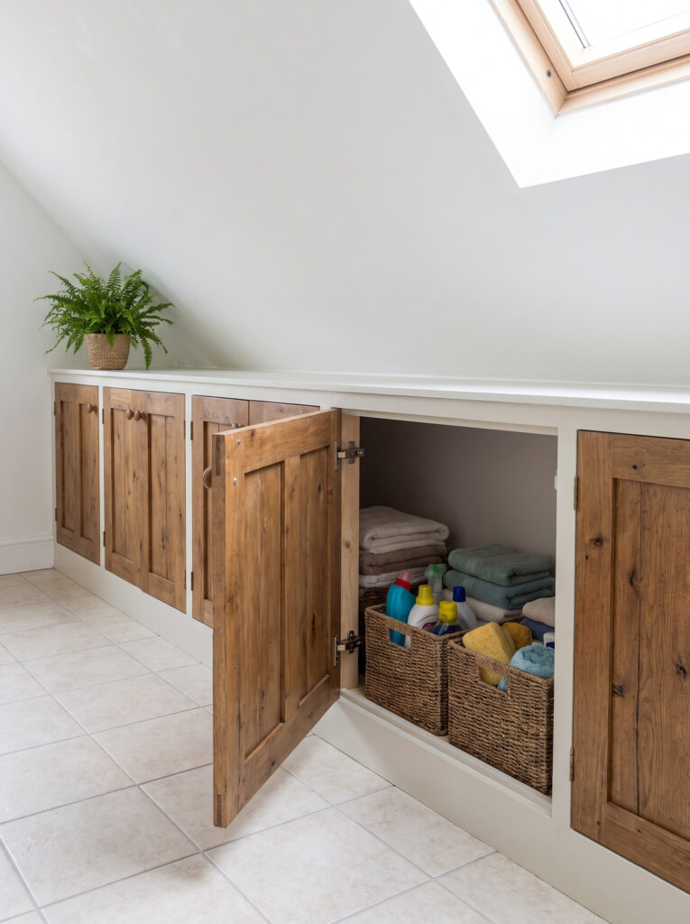 A run of solid oak cabinet doors under a sloped attic ceiling beside a skylight, one door open to show baskets of towels, with a fern on top