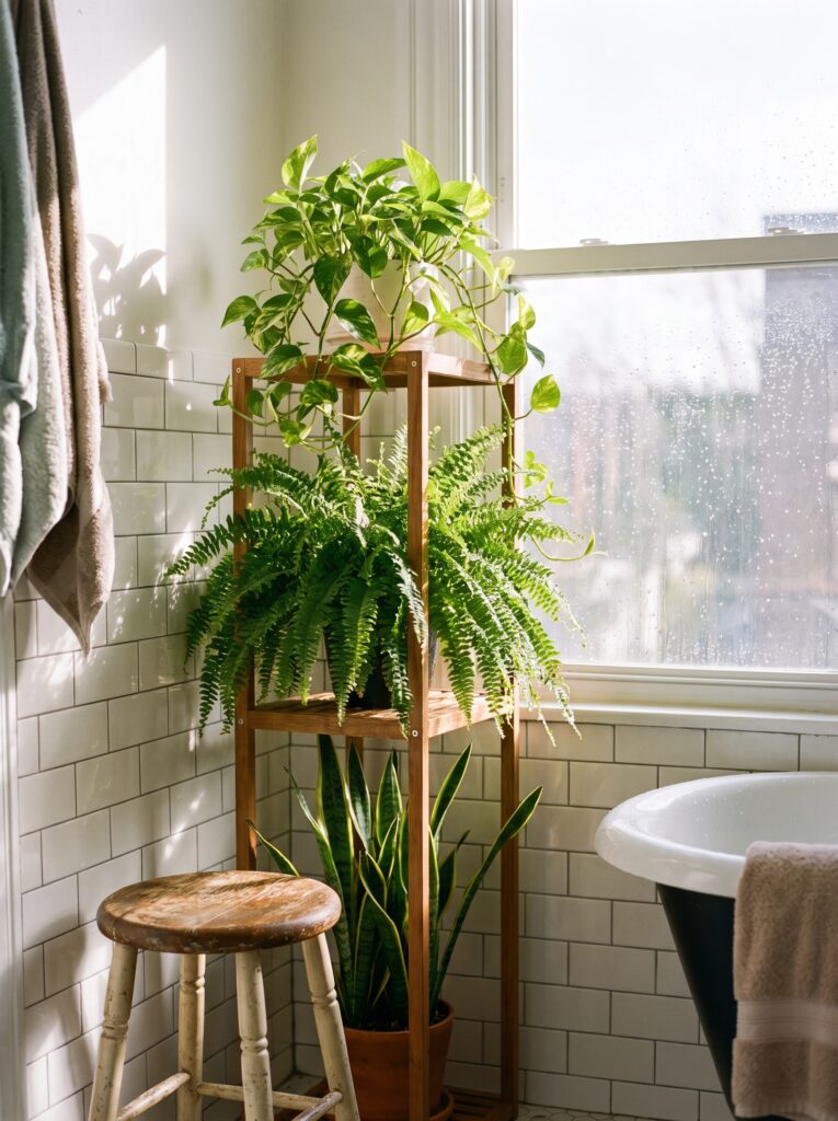A three-tier wooden plant stand in a bathroom corner by a window holding a pothos, a Boston fern and a snake plant, beside a stool and a clawfoot tub