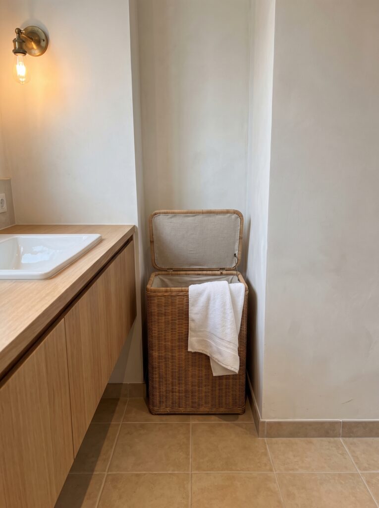 A lidded rattan hamper with a linen lining tucked into the gap between a floating oak vanity and the wall, with a white towel over the edge and a brass sconce above