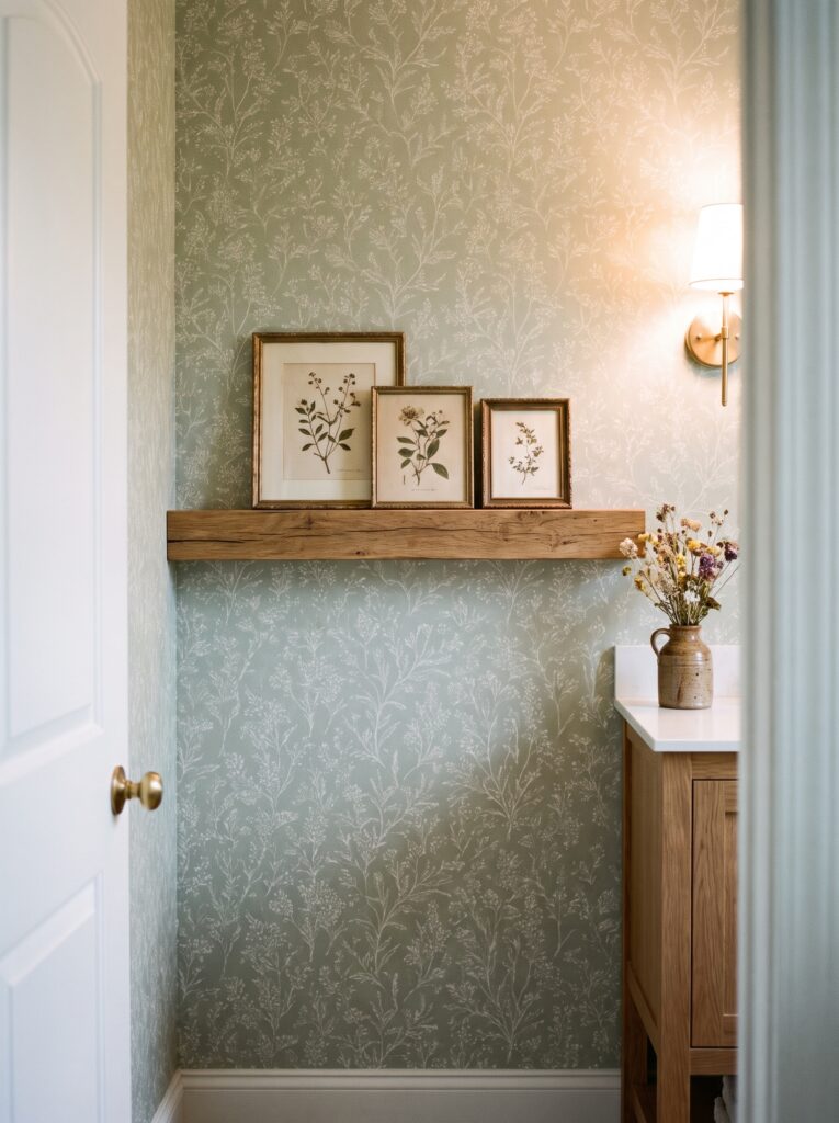 A shallow oak picture ledge on a sage botanical wallpaper wall holding three framed botanical prints, with a brass sconce and an oak vanity beside a white door