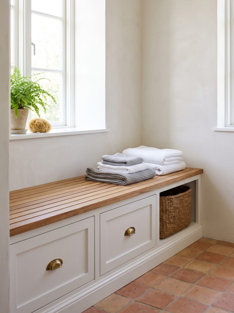 A built-in bench under a bathroom window with a slatted teak top, two drawers with brass pulls, folded towels and a basket in an open bay