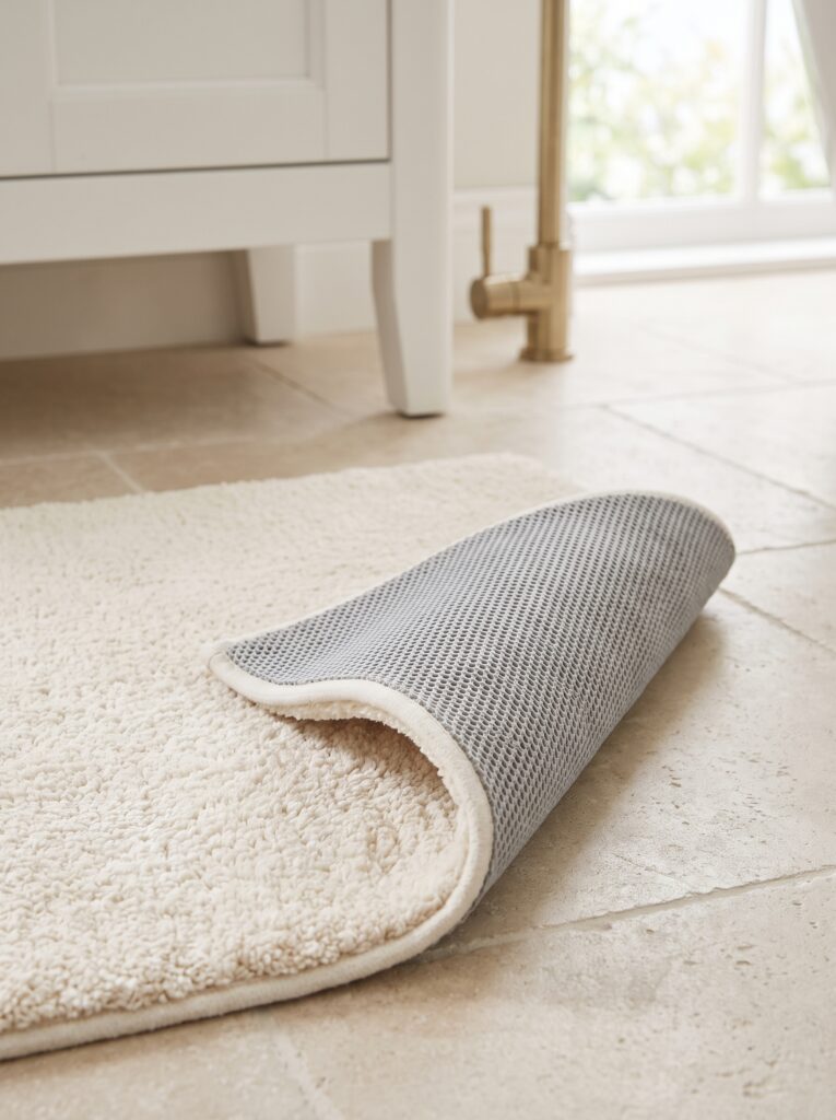 A cream bath rug with one corner folded back to show a grey open-weave grip backing