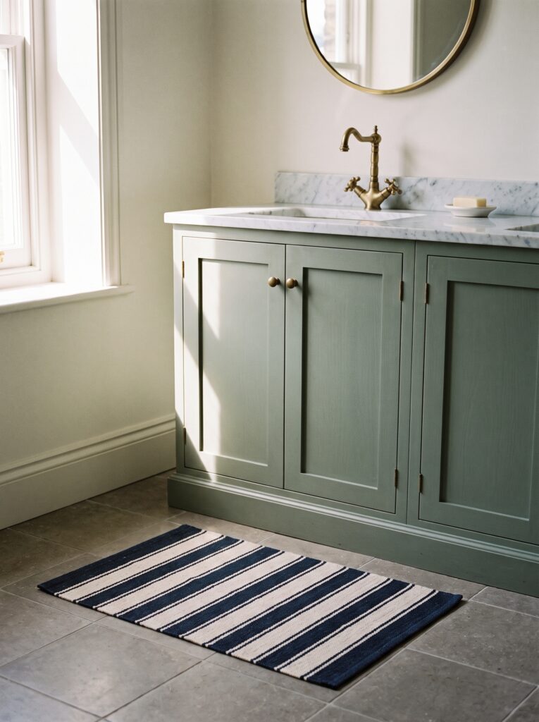 A navy and cream striped bath mat in front of a sage green vanity on grey tile