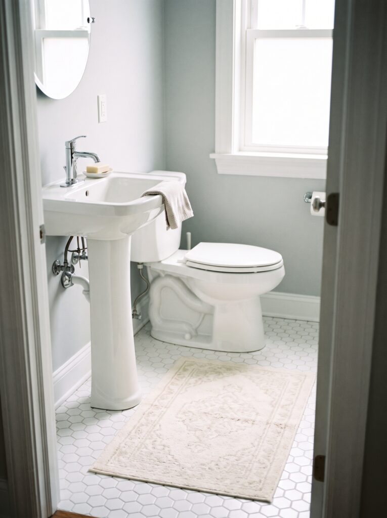 A pale cream bath rug on white hexagon tile in front of a pedestal sink and toilet
