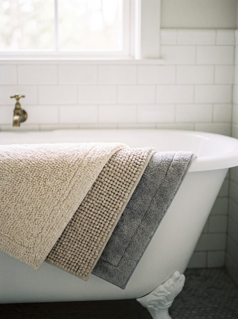 Three bath mats in cream cotton, oatmeal chenille and grey microfiber draped over a clawfoot tub