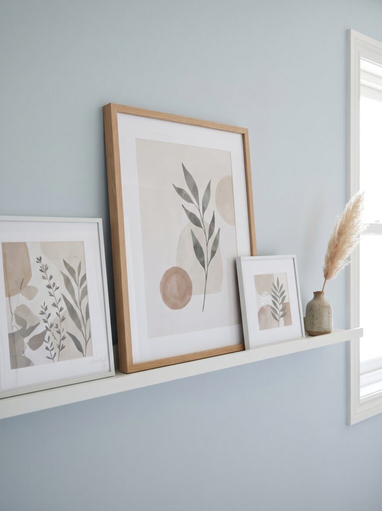 white picture ledge on a pale blue wall with three leaning framed prints and a small vase of pampas grass