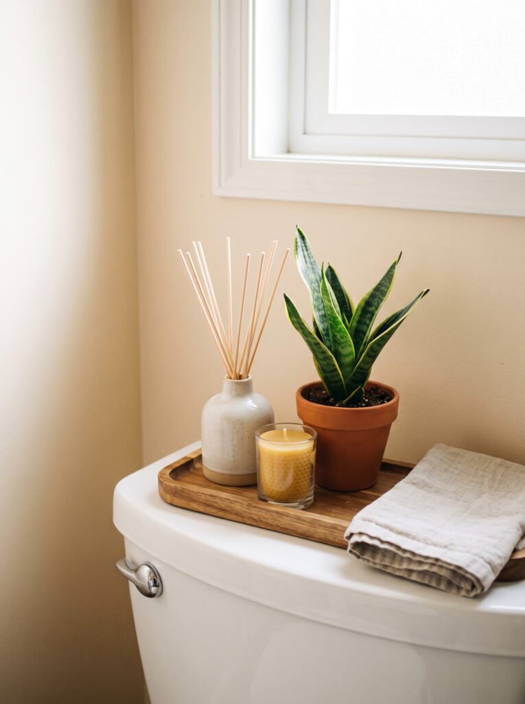 wooden tray on a toilet tank holding a reed diffuser, a snake plant in a terracotta pot, a beeswax candle and a linen towel