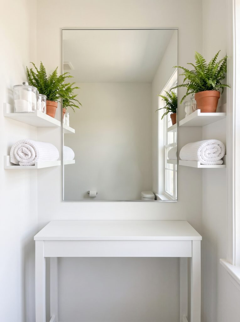 two matching white shelves on either side of a mirror holding glass canisters, ferns and rolled towels