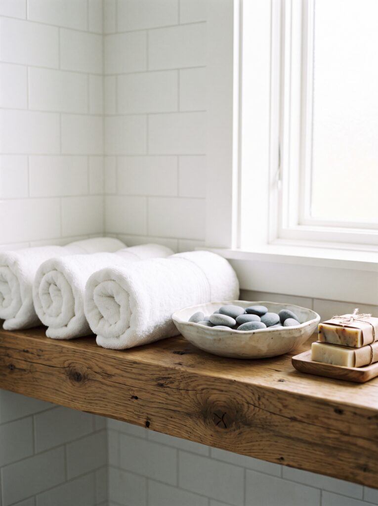 reclaimed wood shelf with three rolled white towels, a bowl of river stones and wrapped soap bars