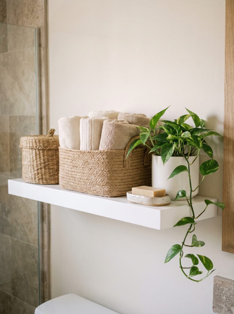 white shelf with a lidded seagrass basket, a jute basket of towels, a trailing pothos and a soap dish