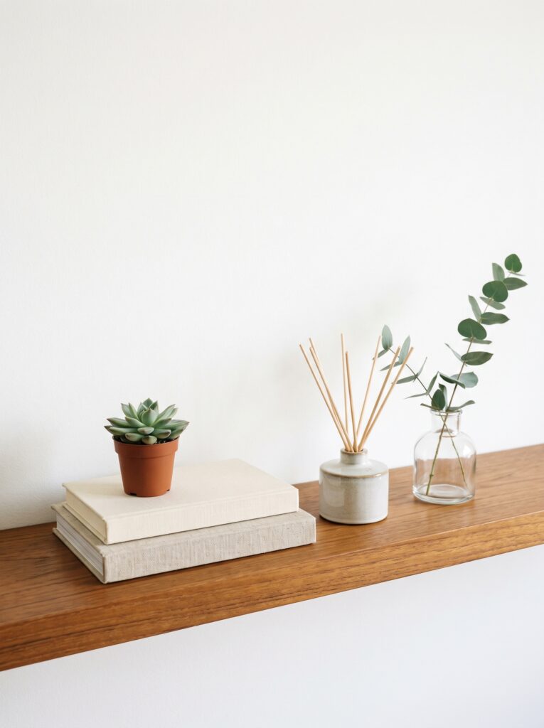 teak shelf with two stacked books topped by a succulent, a reed diffuser and a glass vase of eucalyptus