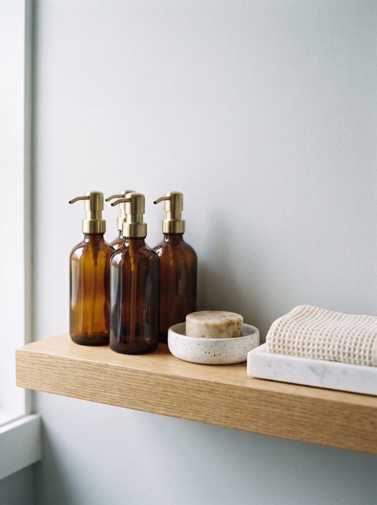 oak shelf with amber glass pump bottles, a speckled soap dish and a marble tray with a waffle washcloth