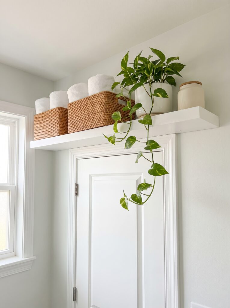 white shelf above a bathroom door holding rattan baskets of rolled towels, a trailing pothos and a cream jar