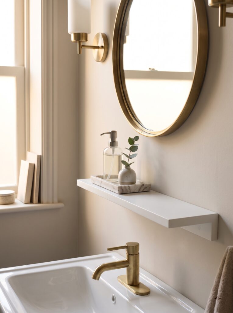 white shelf under a round brass mirror holding a marble tray with a soap pump bottle and a bud vase with eucalyptus