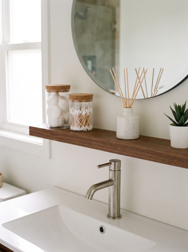 walnut shelf above a bathroom sink holding two glass jars with cork lids, a reed diffuser and a small succulent