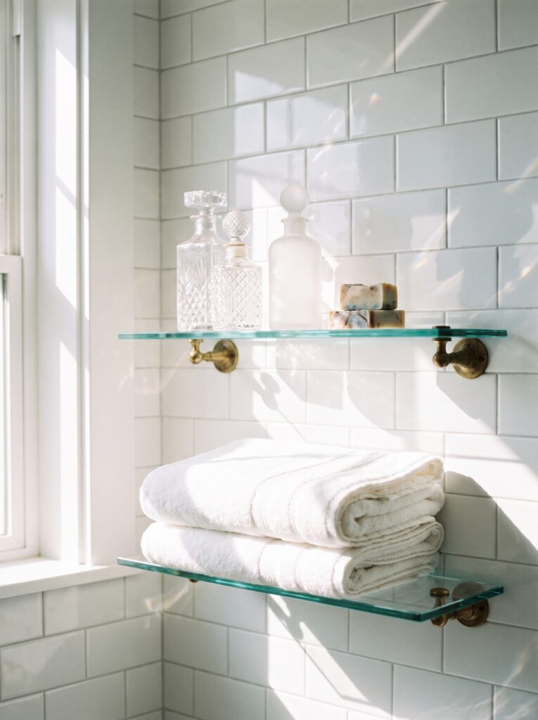 two glass shelves with brass brackets on white subway tile holding folded towels and cut-glass bottles