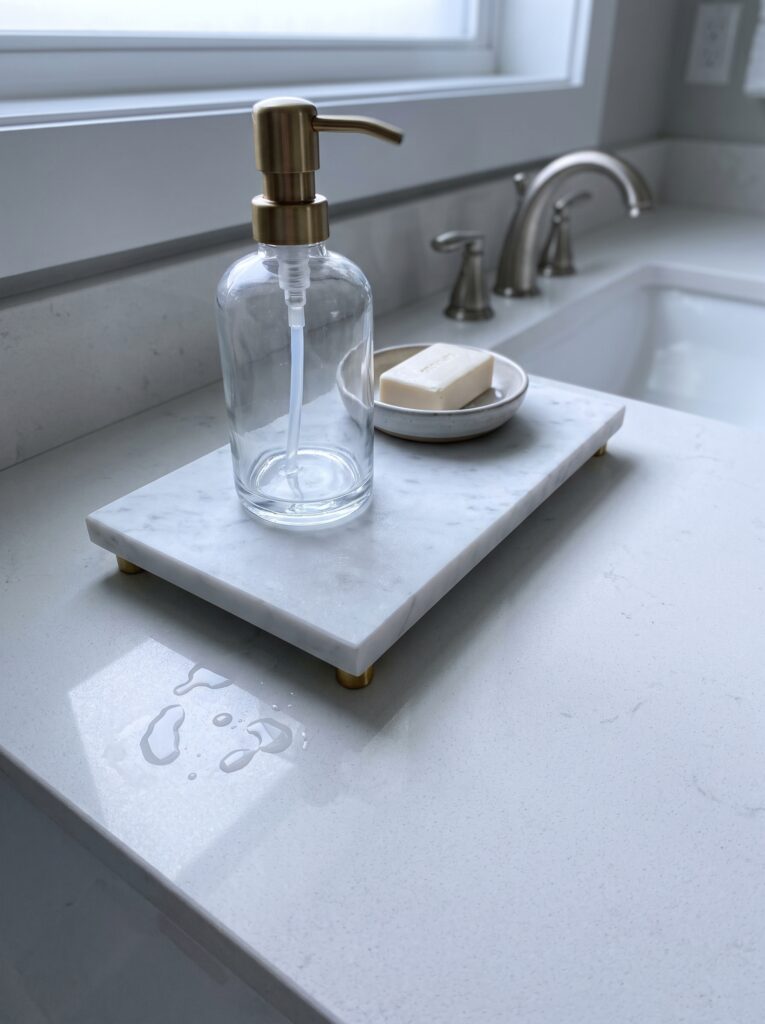 marble tray on small brass feet holding a glass pump bottle and a soap dish on a white quartz counter