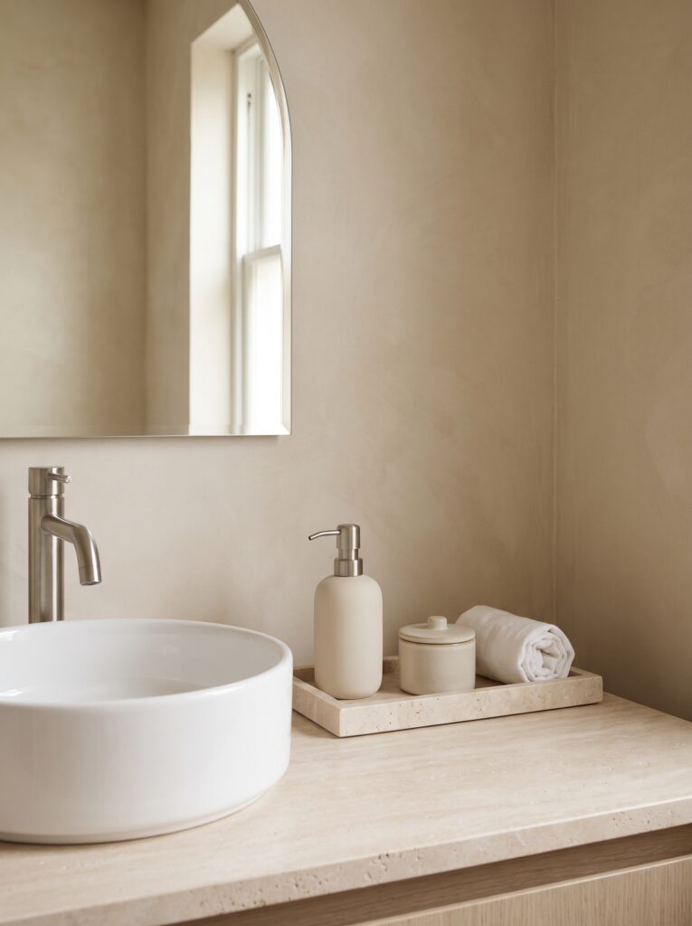 cream stoneware dispenser, lidded jar and rolled washcloth on a travertine tray beside a white vessel basin