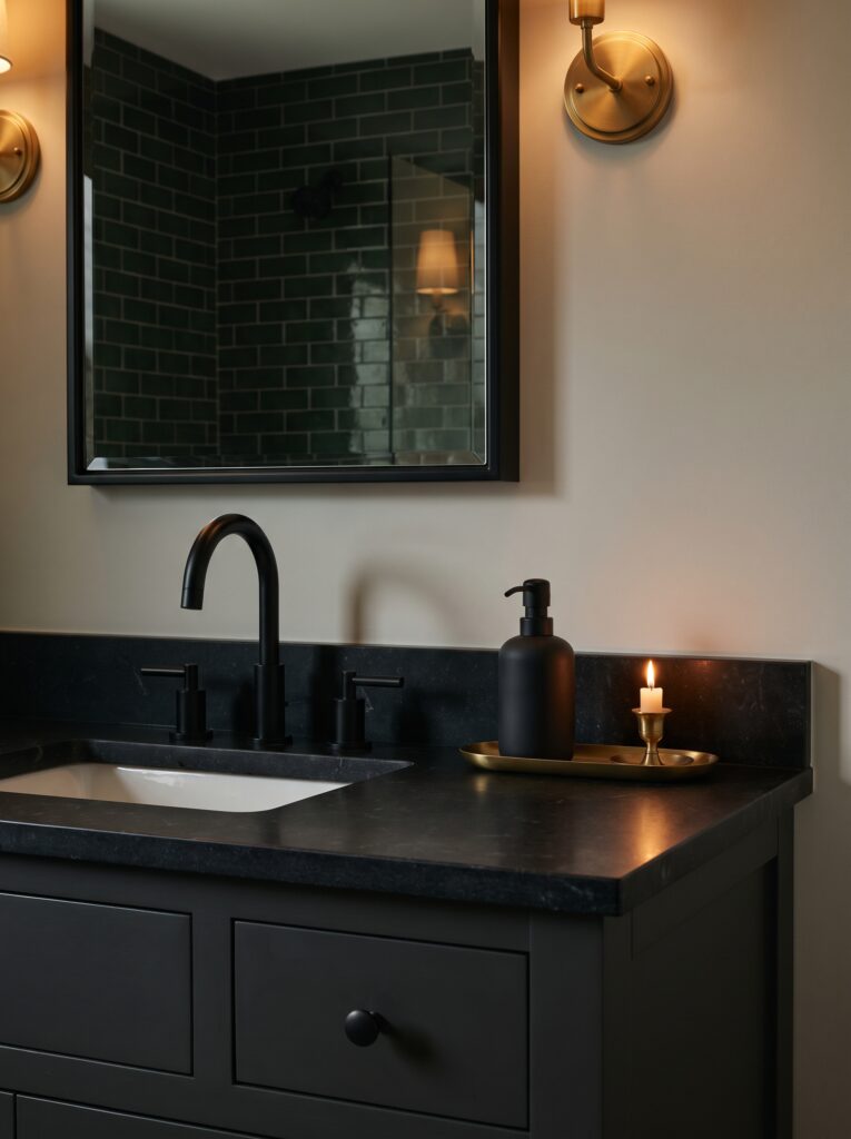 brass tray with a black pump and a lit candle on a black stone vanity with a black faucet and brass sconces