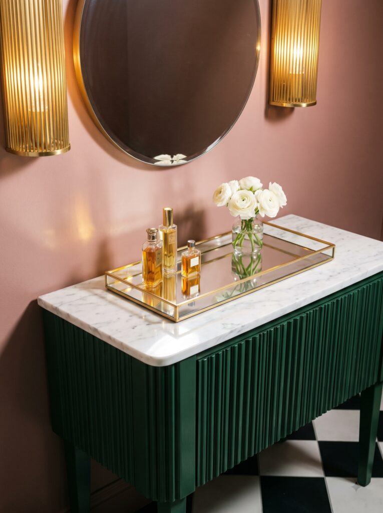 Mirrored gold-edged tray with three perfume bottles and white ranunculus on a marble vanity