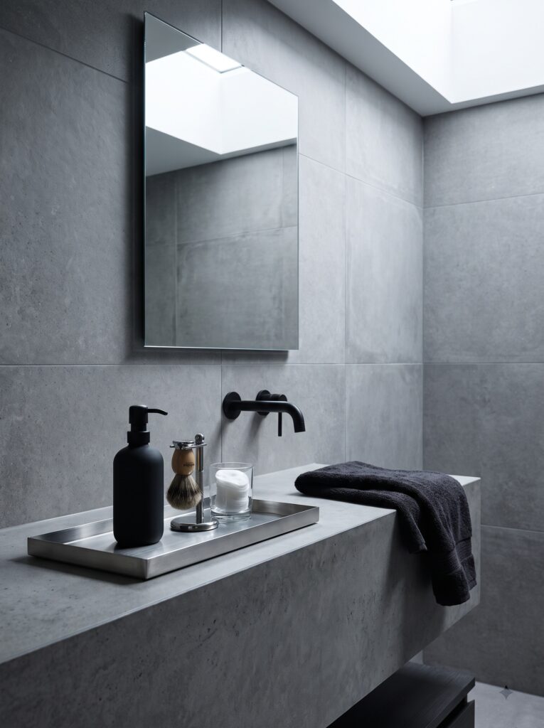 Brushed stainless steel tray with a black pump bottle, shaving brush and cotton pads on a concrete-look vanity