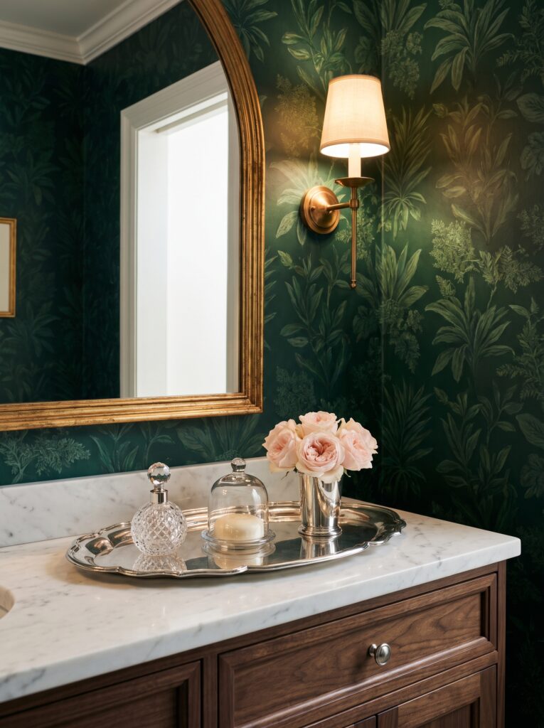 Silver-plated scalloped tray with a crystal perfume bottle, glass dome and pink roses on a walnut vanity