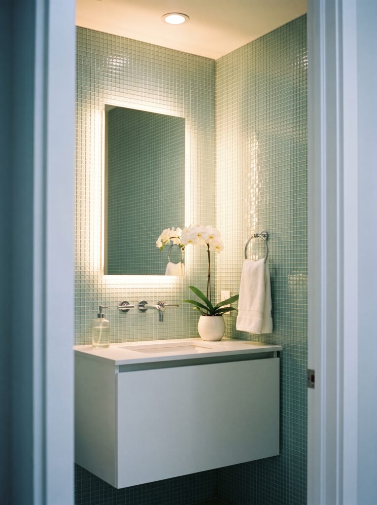 soft aqua glass mosaic vanity wall lit by a backlit mirror in a windowless bathroom