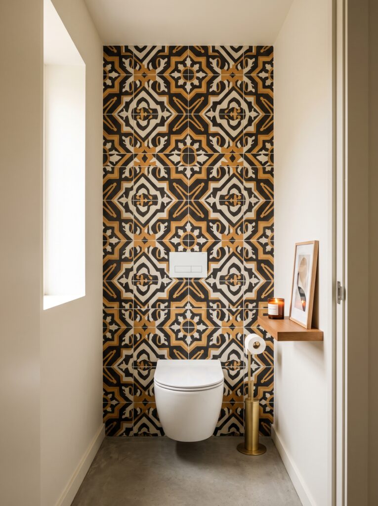 black, white and ochre encaustic pattern tile on the wall behind a wall-hung toilet with plain white side walls