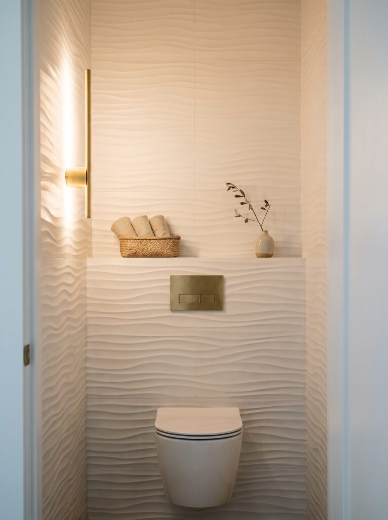 white 3D wave tile on a powder room toilet wall lit from the side by a slim brass sconce