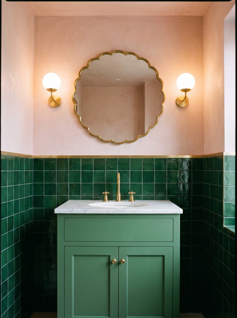 forest green square tile below plaster pink limewash with a brass strip at the split above a green vanity