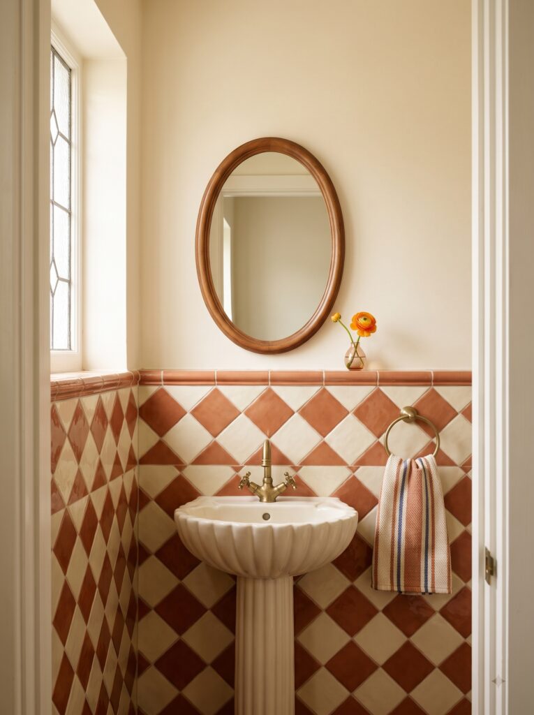 diagonal cream and terracotta checkerboard wainscot capped with a terracotta border in a powder room