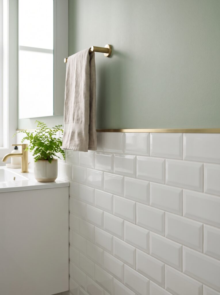 gloss white beveled tile ending at a brushed brass metal edge below sage green paint with a brass towel bar