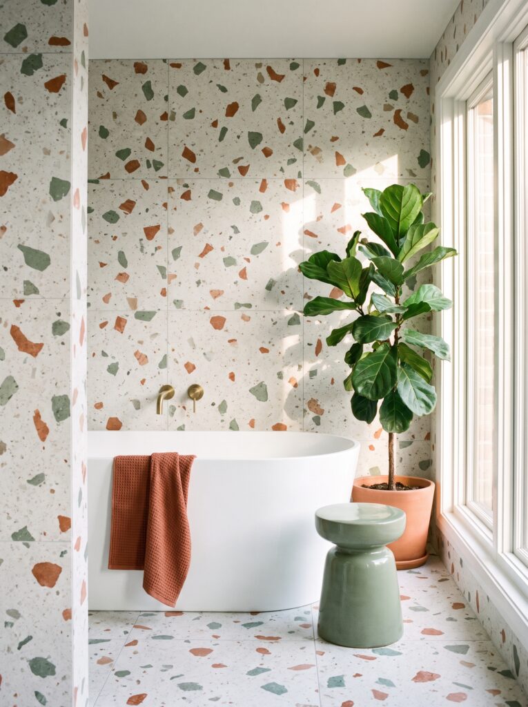 white terrazzo wall tile with terracotta and sage chips around a freestanding tub in a sunny bathroom