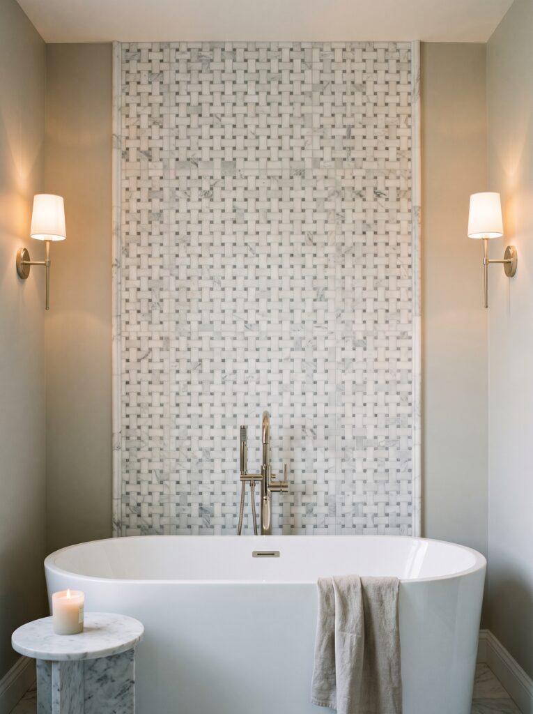 white and gray marble basketweave mosaic feature wall behind a freestanding tub between two sconces