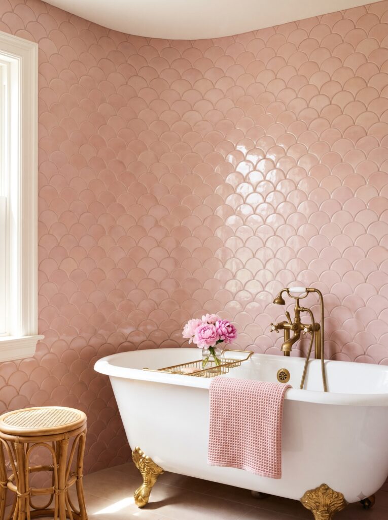 blush pink fish scale tile wall behind a white clawfoot tub with gold feet and a brass filler